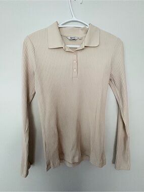 Reitmans Beige Ribbed Polo Long Sleeve Top